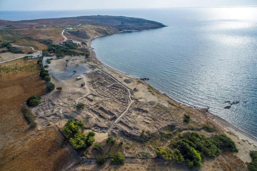 Aerial view of the ancient archaeological site at Poliochni, Lemnos, next to the coastline.