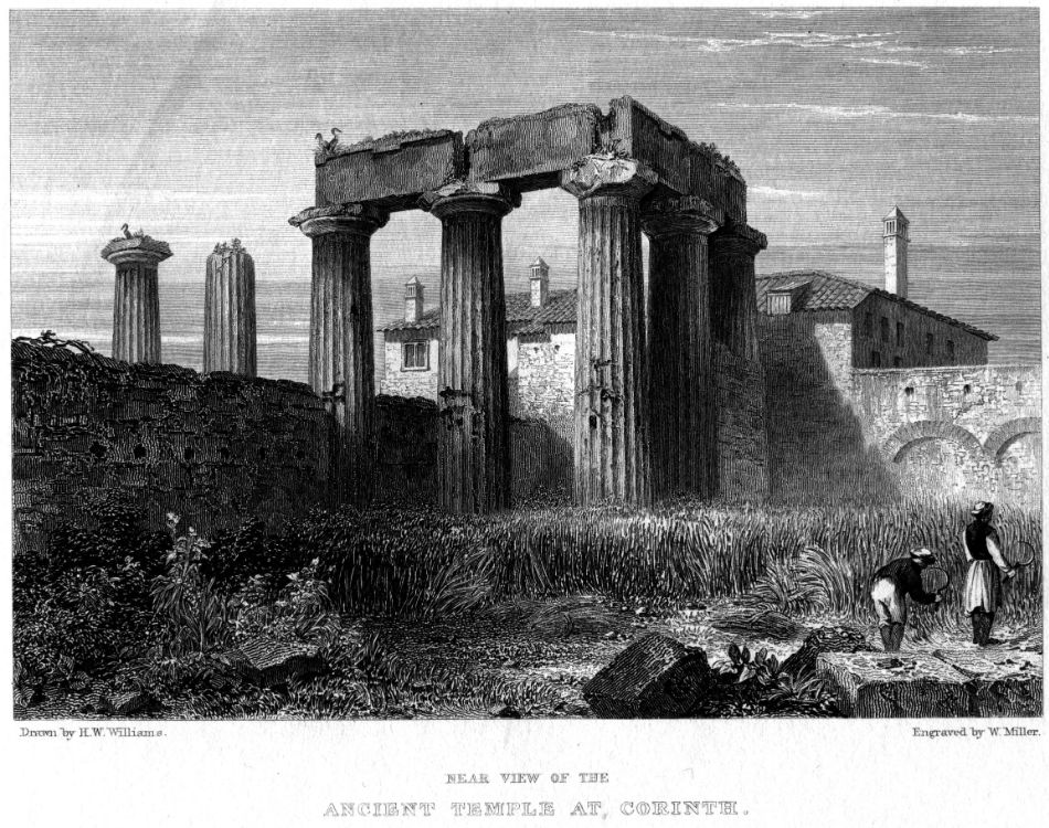A vintage engraving by William Miller, depicting the ancient Temple at Corinth in black and white detail.