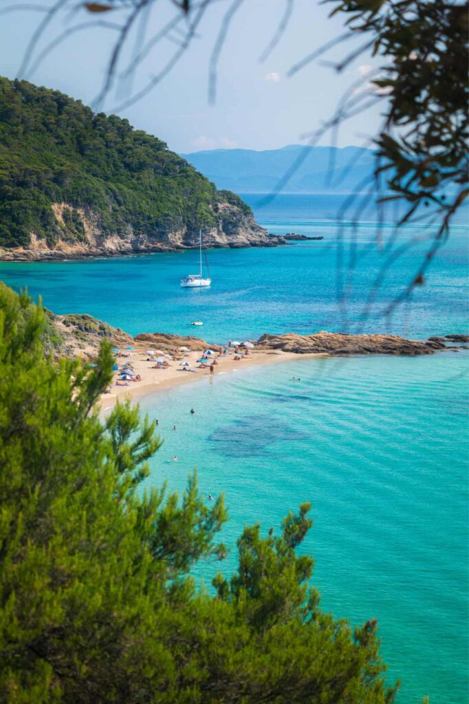 Idyllic beach in Skiathos with turquoise waters, surrounded by trees and a sailboat anchored offshore.