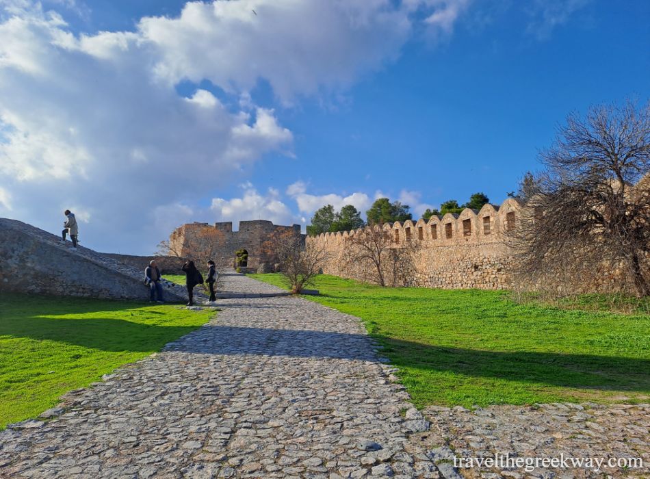 Stone path leading to the historic Karababa Castle with medieval walls in Chalkida, Evia.