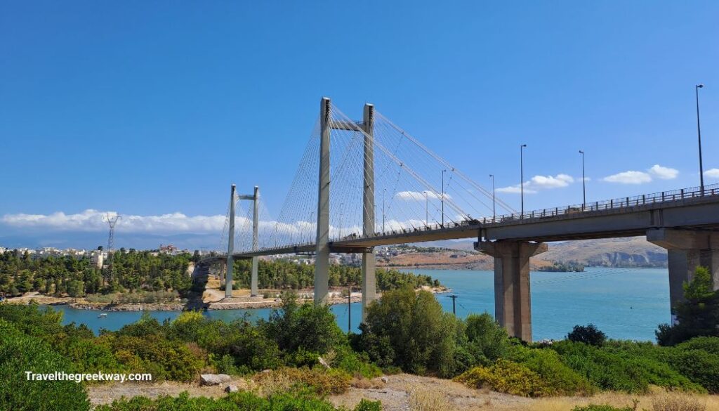 Cable bridge in Chalkida, Evia, Greece, with a stunning backdrop of the Euripus Strait.