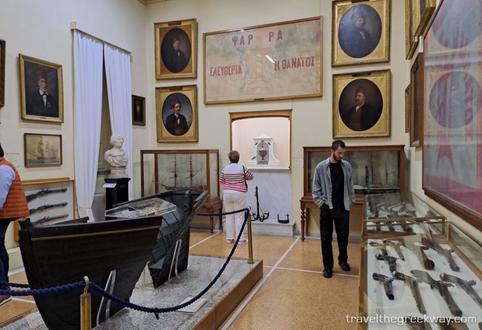 Greek independence-era weapons and military artifacts in the National Historical Museum of Athens.