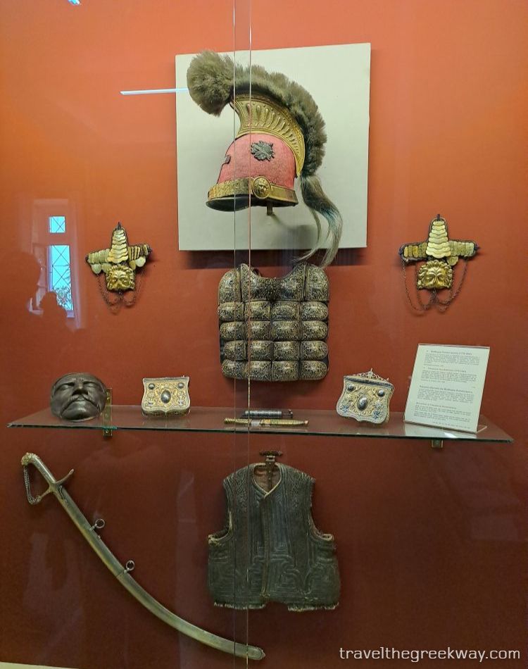 Greek independence-era weapons and military artifacts in the National Historical Museum of Athens.