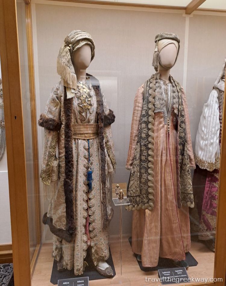 Traditional Greek costumes on display at the National Historical Museum in Athens.
