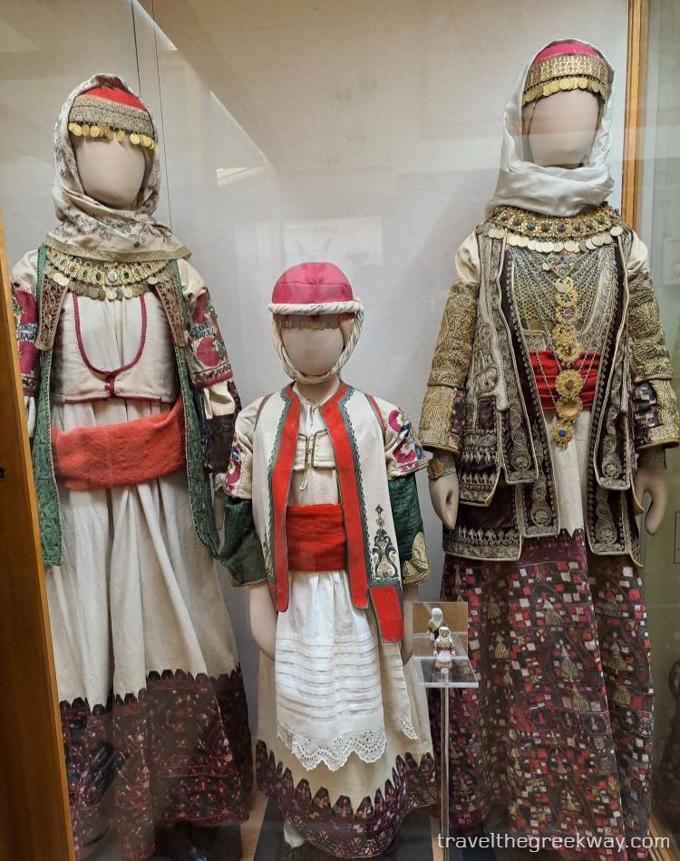 Traditional Greek costumes on display at the National Historical Museum in Athens.
