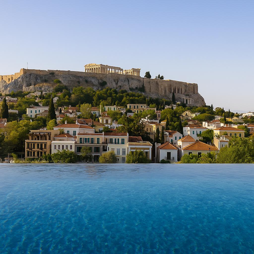 Dolli's stunning pool with a view of Plaka and the Acropolis in Athens.