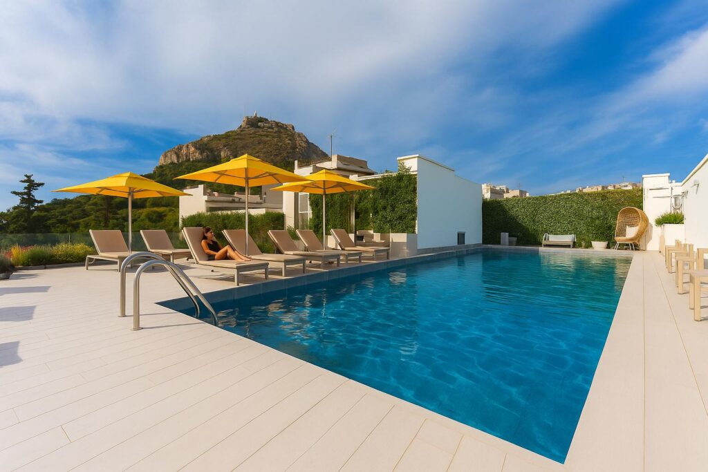 Rooftop pool in Athens with yellow umbrellas and Lycabettus Hill in the background.