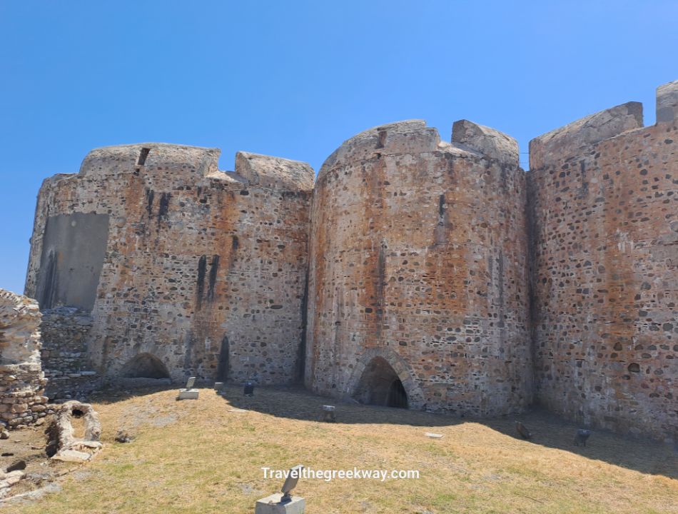 Stone walls and towers of the medieval Rio Castle in the Peloponnese.
