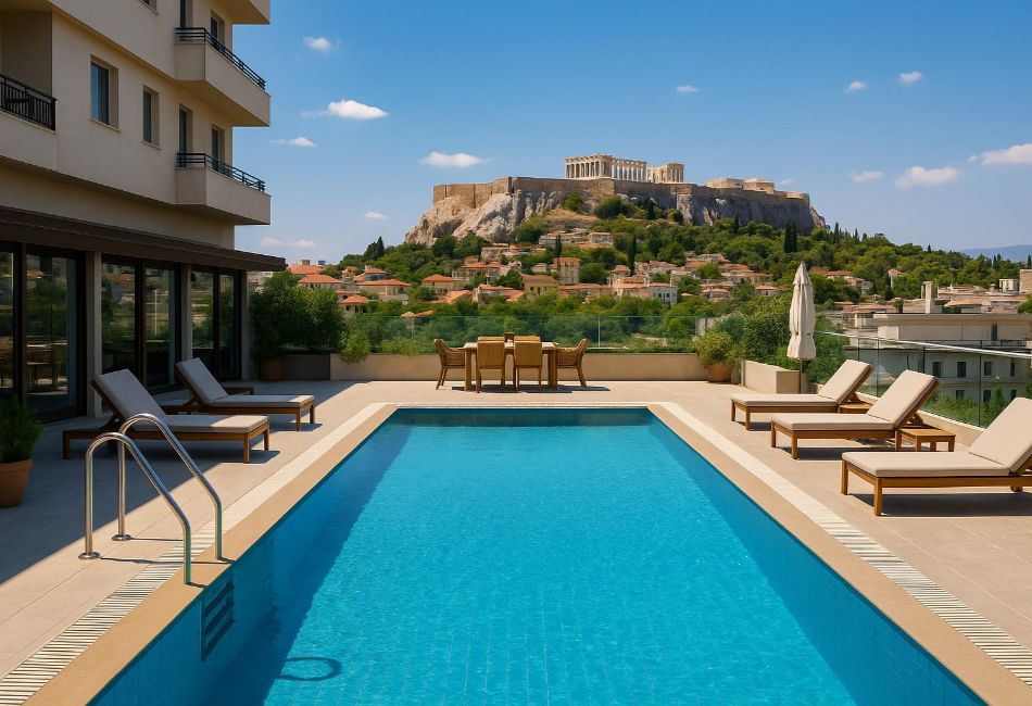 Rooftop hotel pool in Athens with sun loungers and direct view of the Acropolis
