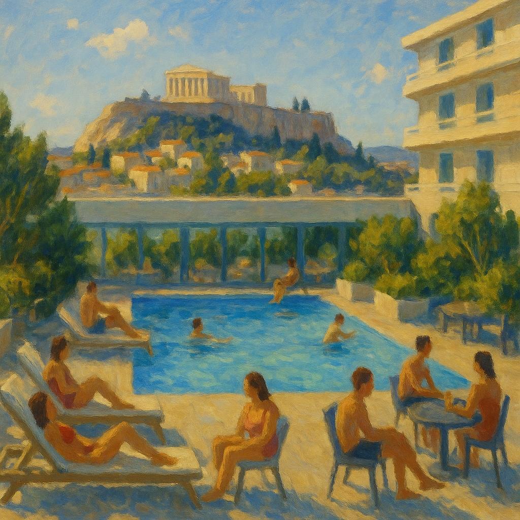 Impressionist painting of people relaxing by a swimming pool with the Acropolis view.