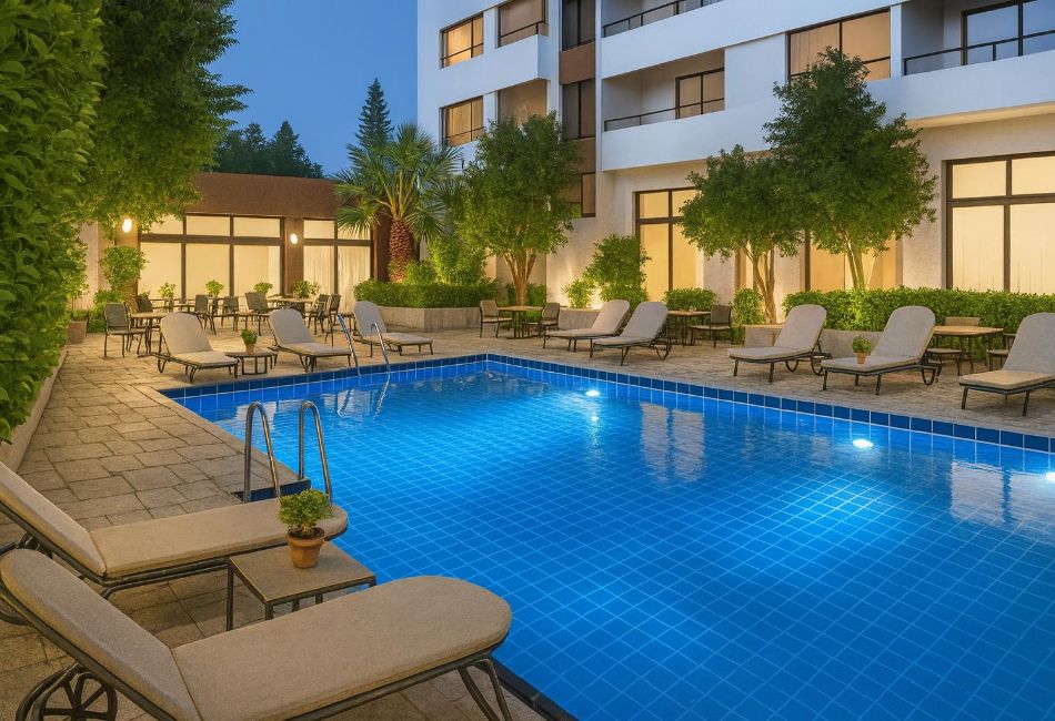 Outdoor hotel swimming pool with sun loungers in Athens surrounded by greenery.