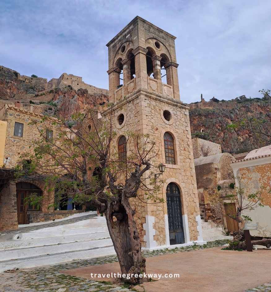 Stone Byzantine church bell tower in Monemvasia Castle Town, Peloponnese Greece.