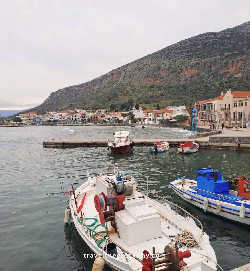 Fishing boats docked at the harbor of modern Monemvasia town, Peloponnese Greece.