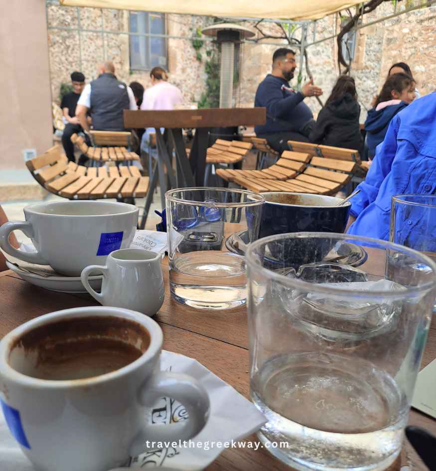 Traditional Greek coffee served at an outdoor cafe in Monemvasia, Peloponnese Greece.
