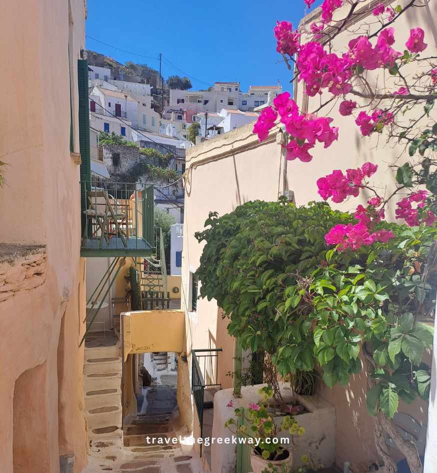 Narrow stepped alley lined with traditional houses, greenery and bright pink bougainvillea in Ioulida on Kea island, Greece.