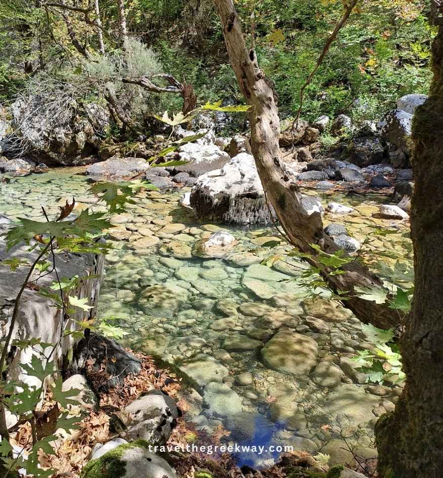 Shallow, crystal-clear waters of the Voidomatis River in Zagori, Epirus, Greece, revealing smooth stones beneath the surface, with large limestone boulders, overhanging tree branches, and sunlight filtering through the forest.